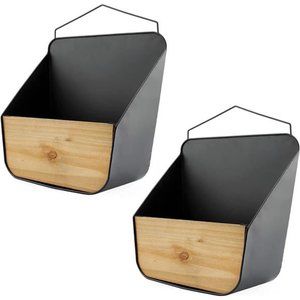 Wood and Black Metal Wall Pockets (2-Pack, Black); Boho Farmhouse Decor Vases